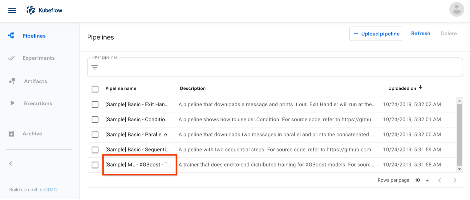 XGBoost sample on the pipelines UI