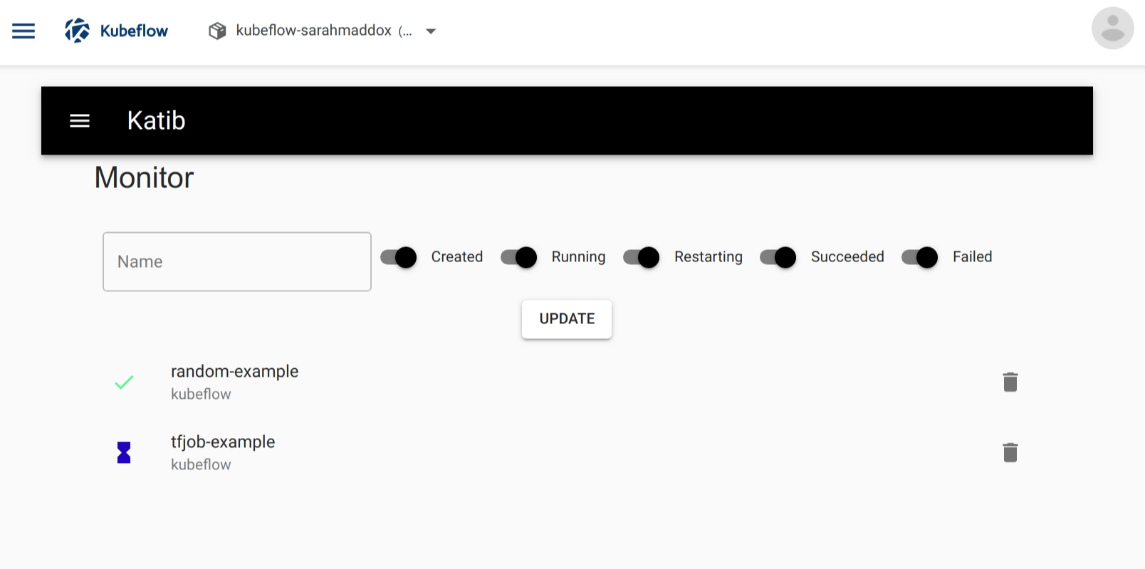 The random example in the list of Katib experiments