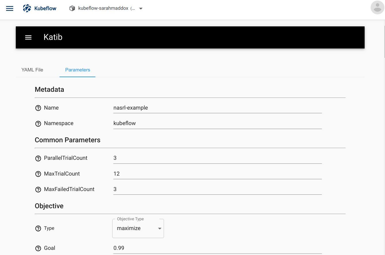 Submitting a neural architecture search from the Katib UI
