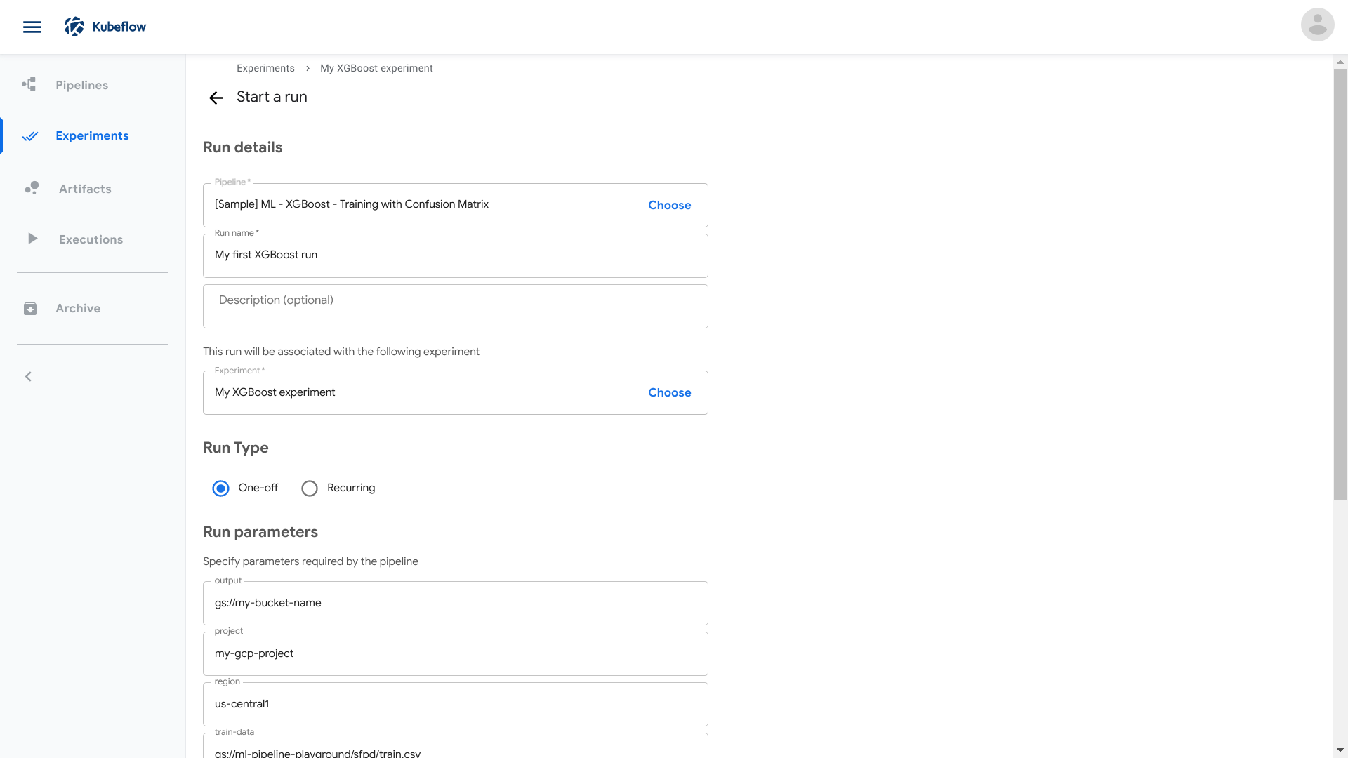 Starting the XGBoost run on the pipelines UI
